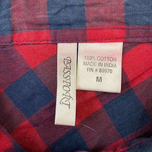 Passport 100% cotton plaid button down Longsleeve top red/navy blue sz Med women - Picture 7 of 10